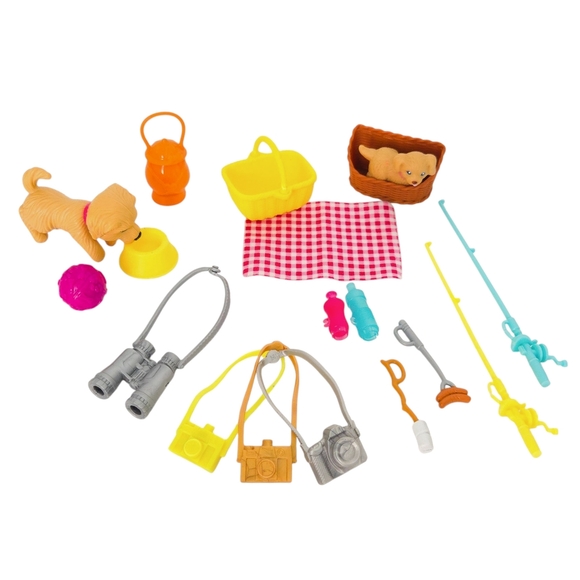 Barbie Puppy Picnic Camping Fun Doll Accessories Set- Bobble Head Dog, Fishing - Picture 1 of 6